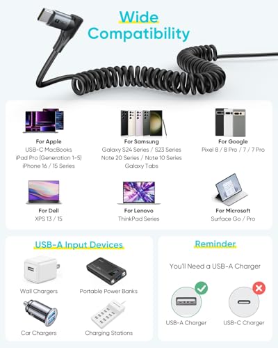 Premium SUNGUY Coiled USB C Cable 5 FT [2 Pack] – 90-Degree Right Angle Design for Optimal Charging in Cars & Home, Fast Charging Compatibility with i Phone 16/15 Pro/Pro Max/Plus, Samsung Galaxy S24/S23/S22 – Tangle-Free, Durable, and Efficient USB Type C Solution for Android Auto & Car Play