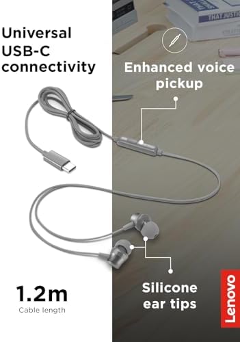 Lenovo 300 USB-C Wired In-Ear Headphones – Exceptional Sound Performance, Ergonomic Fit with Customizable Silicone Tips, Sleek Grey Design for Commuters, Gamers, and Professionals – Integrated Microphone with Play/Pause Control for Effortless Listening and Calls
