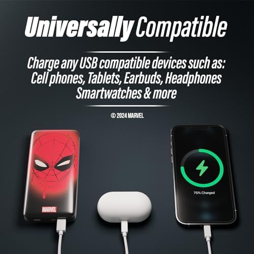 Marvel Spider-Man 10,000 m Ah Portable Power Bank – Ultimate Slim Design Phone Charger with Dual USB Ports for Rapid Charging – Perfect Spider-Man Gifts for Fans of All Ages – Stylish, Lightweight, and Highly Compatible Charging Solution for Smartphones and Tablets