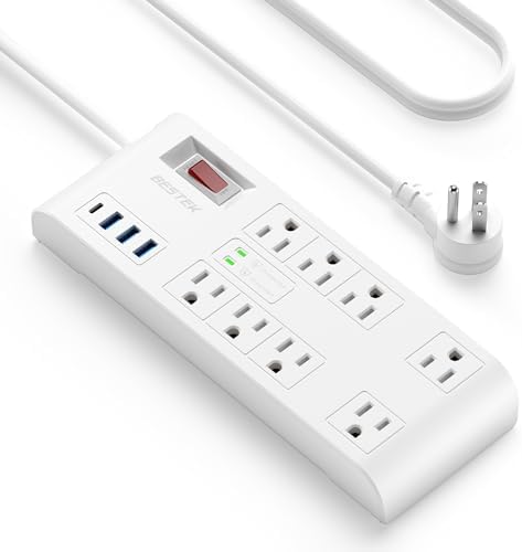 BESTEK 8-Outlet Power Strip with 5-Foot Extension Cord: Multi-Port USB Charging Hub Featuring 3 USB-A (2.4 A) & 1 USB-C (3 A) | 1625 W Max Output with 600 Joule Surge Protection for Enhanced Device Safety | Ultra-Compact Design for Home & Office Efficiency