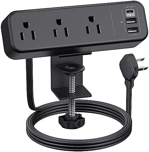 Premium Desk Clamp Power Strip with USB C – 3 Outlet Extension Cord for Streamlined Workspaces, 6.5 ft Thin Cable, Space-Saving Flat Plug Design for Easy Mounting on 1.6 inch Desktops – Fast Charge Capability for Modern Devices