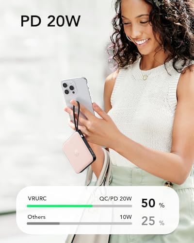 VRURC 20000 m Ah Portable Power Bank with Integrated Cables – Ultimate Travel Companion for i Phone 11-16 & Samsung Galaxy Series – Rapid 22.5 W Fast Charging Efficiency, Compact Design for On-the-Go Convenience – Essential Battery Pack for Uninterrupted Connectivity