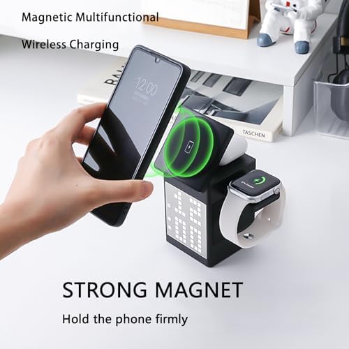 Ultimate 3-in-1 Wireless Charging Station with Bluetooth 5.3 Speaker & Adjustable Alarm Clock – 15 W Qi-Compatible Magnetic Fast Charger for 3 Devices, Enhanced Audio Experience, USB Type-C Ports, Mood Lighting & Voice Assistant Compatibility – Ideal Bedside & Desk Organizer in Sleek Black