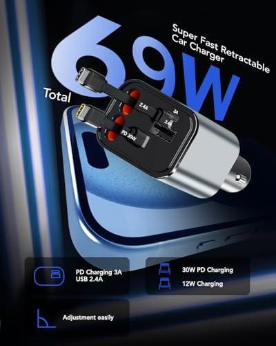 Ultimate 3-in-1 Retractable Car Charger – 50 W Fast Charging Solution with Type C Cable & USB Port for i Phone 16/15/14/13/12/11, Galaxy & Pixel Devices – Tangle-Free Convenience for On-the-Go Power Management