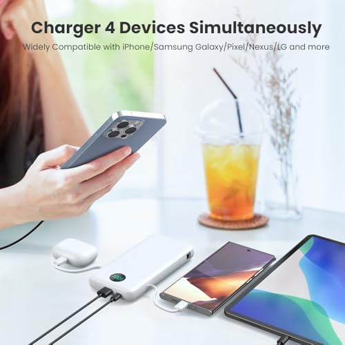 Ultimate USB C Power Bank with Dual Built-in Cables & AC Wall Plug – 13,800 m Ah Fast Charging Powerhouse for i Phone 16/15, Galaxy S23, Tablets – Compact LED Display, Universal Compatibility for On-the-Go Power Solutions
