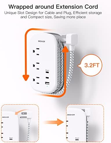 BESHON Ultra Flat USB C Travel Power Strip – Versatile 3 AC Outlets & 3 USB Ports (2 USB-C) with 3.2 ft Tangle-Free Extension Cord for Seamless Charging on Cruise Ships & Travel – Essential Compact Power Solution in Grey for On-the-Go Connectivity and Device Protection