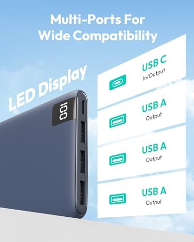 ADDTOP Ultra-Slim 10000 m Ah Fast Charging Portable Power Bank – Lightweight Battery Pack with Dual USB-C & USB-A Ports for i Phone 16/15/14/13/12 and Android Devices – Optimal On-the-Go Charging Companion for Multi-Device Users
