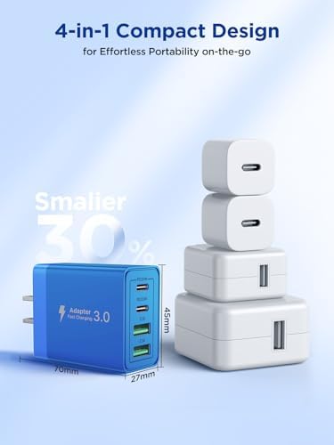 Aioneus 40 W USB C Fast Charging Block – 4-Port Dual PD & QC Wall Charger for i Phone 11-16, i Pad & Samsung Devices – Compact, High-Performance Power Adapter with Enhanced Safety Features for Home & Travel