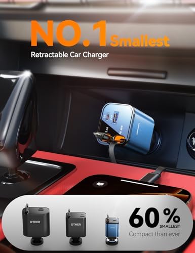 JOYROOM Ultra-Compact 84 W Retractable Car Charger – Fast USB-C Charging for i Phone 12-16 | Travel Essential Car Adapter for Quick Device Power-Up | Sleek Design, Tangle-Free Cable, Perfect Gift for Men & Women