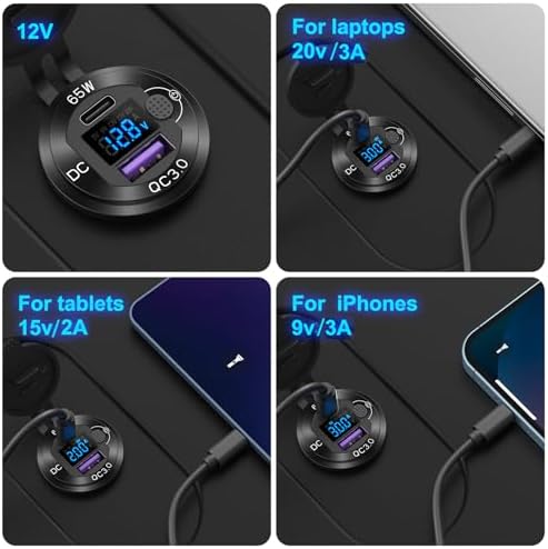 Premium 12 V USB Outlet Car Charger with PD65 W and Quick Charge 3.0 Ports – Waterproof Aluminum Design for RVs, Boats, and Laptops – Built-in Voltmeter & Energy-Saving Switch for Reliable Charging on the Go
