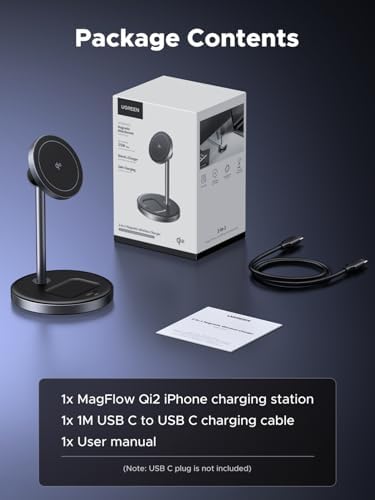 UGREEN Qi2 Certified 15 W Magnetic Wireless Charging Stand – 2-in-1 Fast Charging Station for i Phone 16, 15, 14, 13, 12 & Air Pods – Mag Safe-Compatible with 3 FT USB-C Cable for Effortless Power and Enhanced Organization