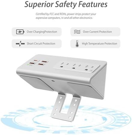 Desk Edge Clamp Power Strip with 4 Fast-Charging USB Ports & 3 AC Outlets – 1875 Joules Surge Protector for Office & Hotel Use, ETL Listed, Space-Saving Design for Convenient Charging Solutions