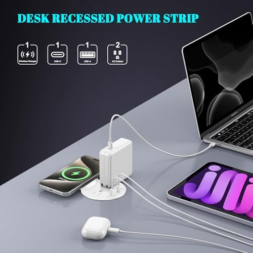Recessed 20 W USB-C Power Grommet with 15 W Wireless Charger – Sleek Desk Power Strip Featuring 2 AC Outlets, 18 W USB-A Port, and 6 FT Cord for Ultimate Convenience in Home and Office Environments – Ideal for Efficient Charging and Enhanced Productivity