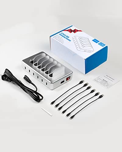 Revolutionize Your Charging Routine with the 6-Port Ultra-Fast Charging Station for i Phones, Android Devices, and Tablets – All-in-One Docking Solution Featuring Six Versatile Cables and UL Certification for Safety – Ideal for Home and Office Efficiency