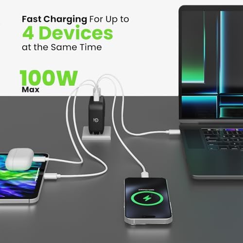 100 W Ga N USB-C Power Adapter – High-Efficiency Multi-Port Charger Hub with 4 PD 3.0 Outputs for Rapid Charging of Laptops, Smartphones, and Tablets – Compact Travel-Friendly Design Ideal for Apple, Samsung, Dell, Mac Book Pro/Air, i Phone, i Pad, and Google Pixel – Ultimate Power Solution for Home and On-the-Go