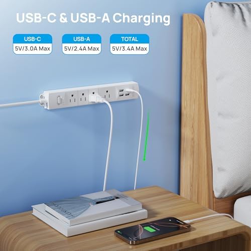 Ultra-Slim TROND Surge Protector Power Strip with 3 USB Ports & Type C – 4 AC Outlets for Maximum Device Protection & Charging Speed – 1440 J Surge Defense, ETL Listed, Space-Saving Wall Mount Design for Home Office & Dorm Use – Versatile Power Management Solution in Elegant Black
