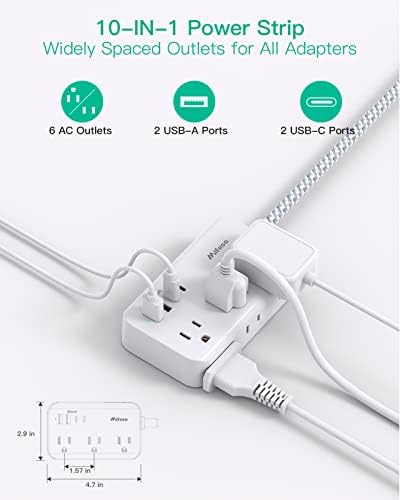 Compact Power Strip with 6 Outlets and 4 USB Ports (2 USB-C) – 5 Ft Braided Extension Cord with Ultra-Slim Flat Plug for Wall Mounting – Essential Overload Protection for Travel, Dorm Rooms, and Cruise Ships – Versatile Device Charger for Modern Living