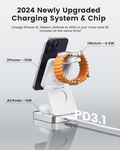Revolutionary 3-in-1 Wireless Charging Station: 15 W Fast Charger for i Phone, Mag Safe Compatible, Foldable Travel Design for Apple Watch & Air Pods – Ultimate Convenience and Style for Your Nightstand or On-the-Go Power Needs