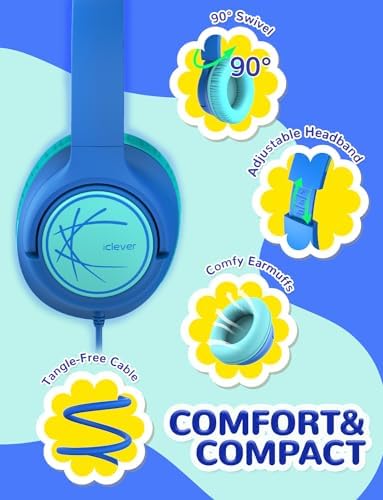 i Clever Kids Headphones: Safe 85 d B Volume Limit, Ergonomic Foldable Design, Superior Stereo Sound, 3.5 mm Jack Compatibility – Ideal for Travel, School & Home Use – Stylish Blue-Green for Boys & Girls