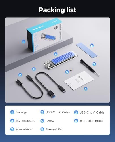 ORICO Transparent M.2 NVMe SSD Enclosure – Ultra-Fast USB 3.2 Gen 2 Adapter for PCI-E M-Key SSDs (2280/2260/2242/2230) – Lightweight and Durable External Solid State Drive Case with Tool-Free Setup and USB Type-C Support for Seamless Data Transfer