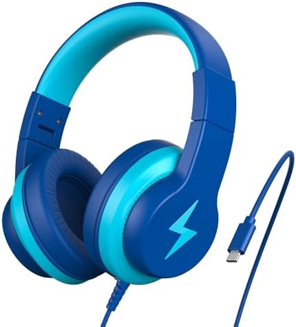 Unleash Your Child’s Potential with Premium USB-C Over-Ear Headphones – Crisp HD Audio, Safe Volume Control for Young Ears, Perfect for Learning and Adventure, Compatible with i Pads, PCs, Tablets – Stylish Foldable Design in Eye-Catching Blue for Ultimate Comfort and Engagement