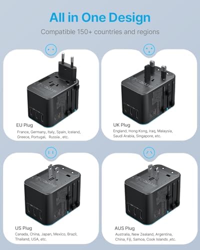 VINTAR Universal Travel Adapter: All-in-One Power Converter with 6 A Output, 3 USB-C and 2 USB Ports for Fast Global Charging Across Europe, UK, USA, and Australia – Essential Travel Accessory for Effortless Device Connectivity and Safety Features