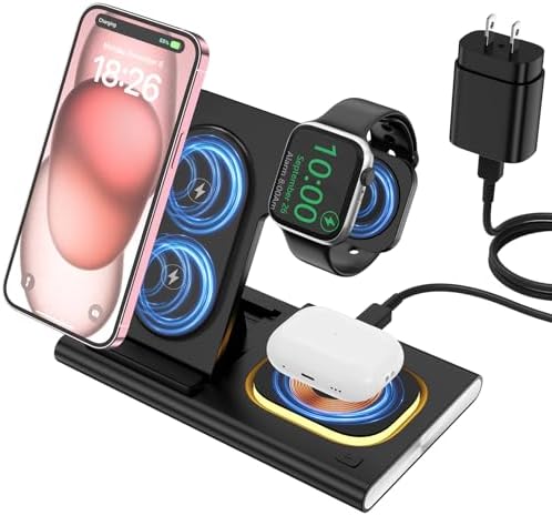 Effortless Power: 25 W 3-in-1 Wireless Charging Dock for i Phone 15 Pro Max, Apple Watch Ultra, and Air Pods Pro – High-Speed Charging Station with 3 ft USB C Cable for Ultimate Compatibility and Clutter-Free Convenience