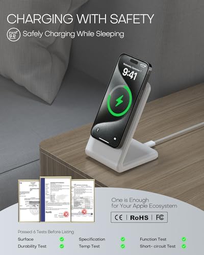 Mag-Safe Wireless Charging Stand for i Phone 16 – Fast Charging with 20 W Adapter & 5 Ft Cable, Magnetic Alignment for i Phone 15/14/13/12 – Sleek Black Design for Effortless Charging and Enhanced Compatibility