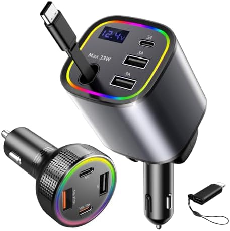 78 W USB C Car Charger – Retractable 4-Port PD 30 W Fast Charging Adapter for i Phone & Android Devices – Sleek Cigarette Lighter Accessory with Built-in LED Light for Effortless Travel Charging