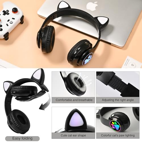 Playful Cat Ear Bluetooth Headphones for Kids – Foldable Over-Ear Design with LED Lights, Safe Listening Volume Control, Built-in Microphone, and Multi-Device Connectivity – Ideal for Music, Movies, and Gaming on i Phones, i Pads, Smartphones, and More!