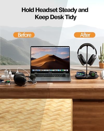 Transform Your Gaming Experience with the Hi We 3-in-1 Premium Headphone Stand & Wireless Charging Dock – Universal Desktop Organizer for Headphones, Air Pods, and Smartwatches – Durable Aluminum Alloy with Elegant Leather Pad and Stable ABS Base – Quick Charge Functionality for All Your Essential Devices