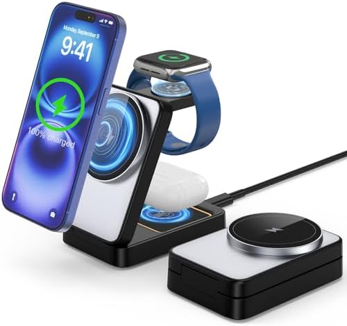 Versatile 3-in-1 Foldable Wireless Charging Station for Apple Devices – Magnetic Mag Safe Stand for i Phone 16/15/14/13/12/11 Pro Max, Apple Watch Series, and Air Pods – Portable Fast Travel Charger with Enhanced Stability and Safety Features