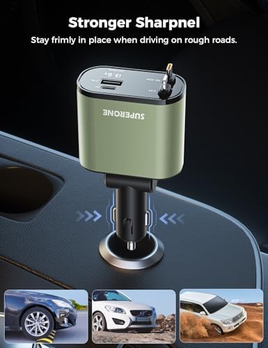 Introducing the SUPERONE 4-in-1 Retractable Fast Car Charger: Ultimate On-the-Go Charging Solution for i Phone, Galaxy & Pixel Devices – Featuring 2.6 ft Tangle-Free Cord, Enhanced USB C & Apple Compatibility, and Sleek Design for Effortless Portability. Experience lightning-fast charging to keep your devices powered during road trips or daily commutes, ensuring you’re always connected. This innovative retractable charger is engineered for maximum efficiency, accommodating a wide range of smartphones including i Phone 16, 15/15 Pro Max, 14, 13, 12, 11 and popular Galaxy and Pixel models. With its compact construction and high-quality materials, this charger not only enhances your charging experience but also withstands everyday wear and tear. Elevate your mobile charging with the SUPERONE car charger – where convenience meets cutting-edge technology for busy professionals and families on the move.
