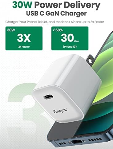 Fasgear 30 W USB C Ga N Fast Charging Block – Portable Power Adapter for i Phone 14 Pro Max, Mac Book Air, Galaxy S23, and More – Ultimate Charging Efficiency with Advanced Safety Features and Universal Compatibility