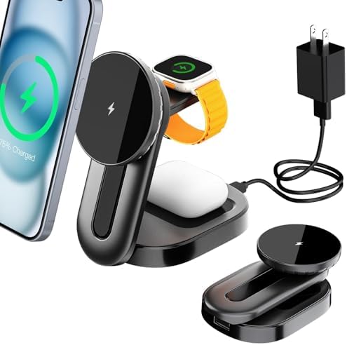 KPON Premium 3-in-1 Foldable Wireless Charging Station for Apple Devices – Mag Safe Compatible Charger Dock for i Phone 16/15/14/13/Pro/Pro Max/Plus/Mini, Apple Watch & Air Pods – Portable Multi-Device Charging Solution with Enhanced Magnetic Stability and Travel-Friendly Design