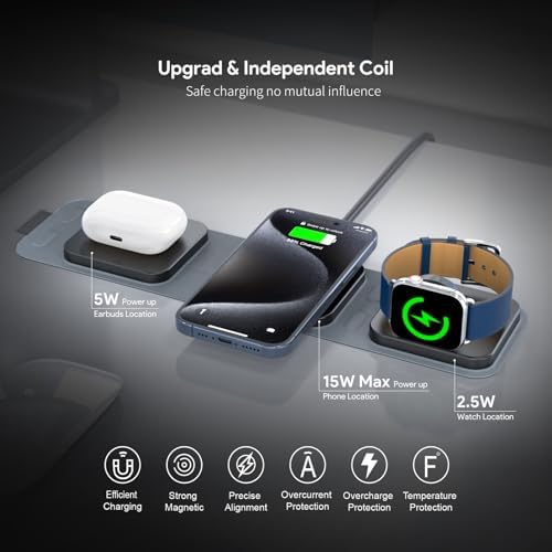 3-in-1 Magnetic Wireless Charging Station – Foldable Travel Charger for i Phone 12/13/14/15, Apple Watch SE/S7/S8/S9/Ultra, and Air Pods – Enhanced Mag Safe Compatibility with Smart Charging Zones for Maximum Efficiency