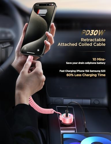 High-Speed USB C 72 W Car Charger for i Phone 16 Pro Max Plus & Multi-Device Compatibility – Rapid PD & QC3.0 Charging with 5 ft 36 W Type C Coiled Cable for Samsung Galaxy S24/S23/S22, Pixel, Moto, LG, and More – Ultimate Travel Accessory for Uninterrupted Power on the Go