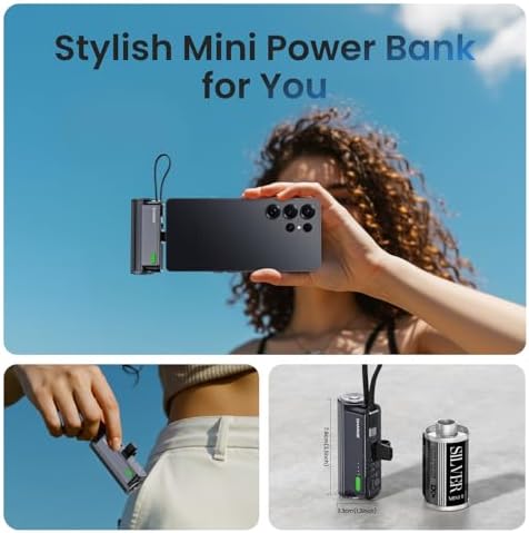 Ultra-Compact 5000 m Ah Flow Mini Power Bank – Versatile Portable Charger with Changeable Plugs, Built-in Cable & Dual USB-C Outputs for Seamless Compatibility with i Phone 16/15/14/13, i Pad, Galaxy S24/23 Ultra – Ideal for On-the-Go Charging