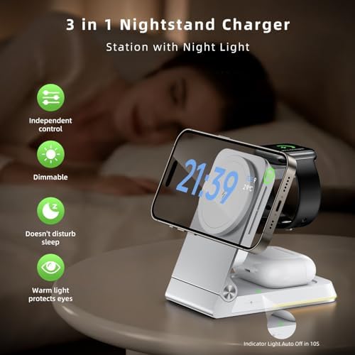 Premium Aluminum 3-in-1 Foldable Wireless Charger Station – Fast Magnetic Charging Dock for i Phone 16/15/14/13/12, Apple Watch & Air Pods with Touch Night Light – Portable Travel Charger with 20 W PD Adapter & Waterproof Case – Ideal Gift for Home, Office & On-the-Go Use