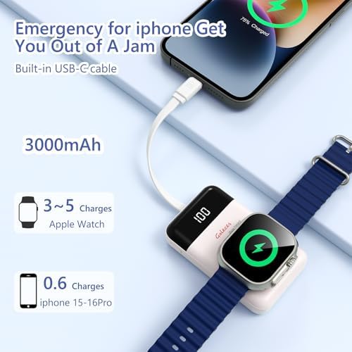 Compact 3000 m Ah Wireless Magnetic Charger for Apple Watch & i Phone – Fast Charging Power Bank with Built-in USB-C Cable, Perfect Travel Gift for SE/Ultra/1-9 Series & i Phone 15/16, Sleek White Design for Effortless Power On-the-Go