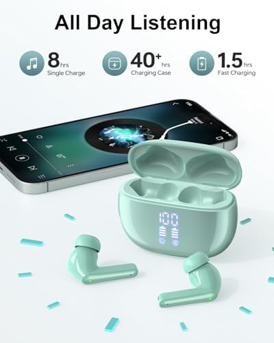 Elevate Your Audio Experience with Light Green Wireless Earbuds – Premium Bluetooth 5.0 Headphones Featuring 40-Hour Playtime, Deep Bass Sound, IPX7 Waterproof Design for Active Lifestyles, and LED Battery Indicator for Ultimate Convenience, Ideal for Fitness Enthusiasts and Music Lovers