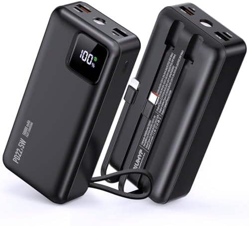 Ultra High Capacity 50,000 m Ah Power Bank with Fast Charging and Built-in Cables – 22.5 W USB-C & Micro USB Portable Charger for i Phone, Samsung, i Pad – Ideal for Travel, Camping, and Everyday Use – Reliable LED Display for Battery Monitoring