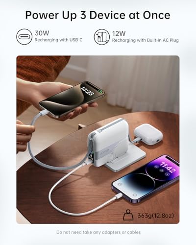 W&P Ultimate Travel Power Bank: 20,000 m Ah Portable Charger with Built-in Cables & AC Plug for 35 W Fast Charging – Ideal for i Phone 16/15/14/13/12 Pro, i Pad, Mac Book Air & Samsung Devices, Your Essential On-the-Go Power Solution