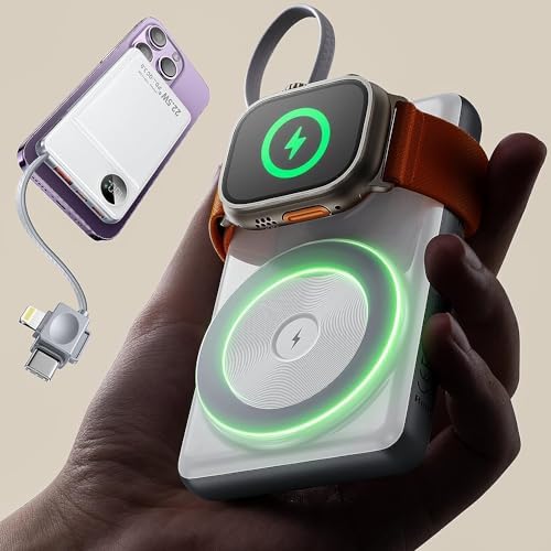 LISEN Mag Safe Wireless Power Bank – 10,000 m Ah Fast Charging Portable Charger for i Phone 16, 15, 14 Pro Plus & Apple Watch – Sleek Design with Built-in Cable, 22.5 W Rapid Charging, Enhanced Compatibility for Seamless On-the-Go Power Solutions