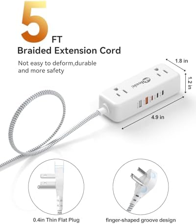 Compact Power Strip with USB-C and Dual USB-A Ports – 3 ft Extension Cord with 4 Outlets & 4.8 A Fast Charging Station for Laptops, Tablets, and Smartphones – Flat Plug Design Perfect for Tight Spaces and Travel – Versatile Multi-Device Charging Hub for Home and Office Use