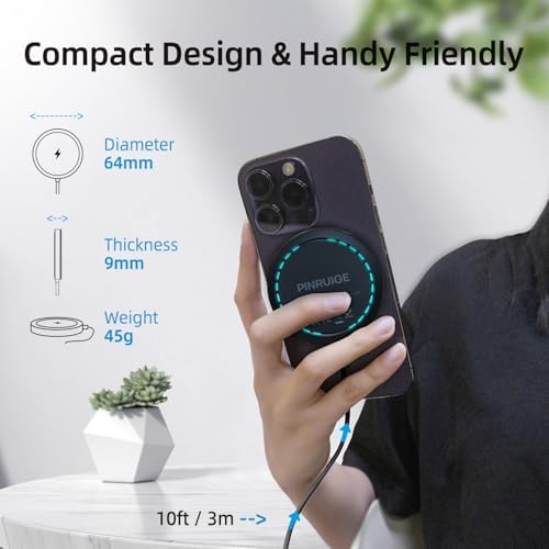 10 ft Magnetic Wireless Charger for i Phone – 15 W Max Fast Charging Pad with USB-A Converter | Superior Compatibility for i Phone 12-16 Models | Effortless Mag Safe Wireless Charging Solution for On-the-Go Users | Sleek, Portable Design for Tangle-Free Convenience