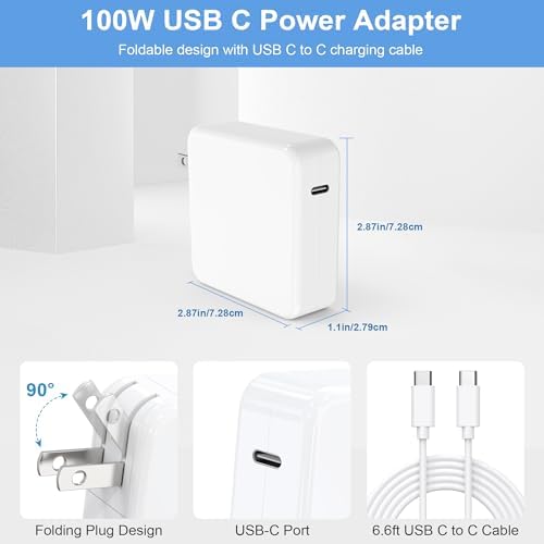 Ultra-Fast 100 W USB-C Charger for Mac Book Pro & Air – Compact Power Adapter with Enhanced Charging Efficiency for 13-16 Inch Models | Compatible with All USB-C Devices | Safety Certified with Smart Chip Protection – Perfect for On-the-Go Power Needs