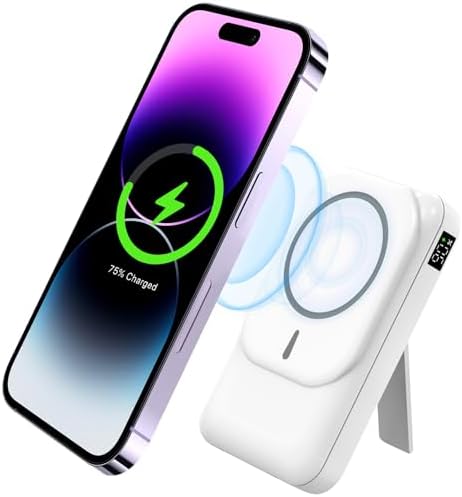 Gladgogo 10000 m Ah Wireless Magnetic Power Bank – Slim, Fast Charging Portable Charger for i Phone 15/14/13/12 Series with Built-In Cable, LED Display, and Integrated Stand – Ultimate On-The-Go Power Solution in Elegant White