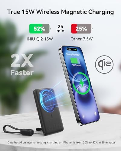 INIU Ultra-Slim 5000 m Ah Magnetic Power Bank – Qi2 Certified 20 W Wireless Charger for i Phone 16/15/14/13/12 – Portable Design with Built-in Stand & 3-Year Warranty – Fast Charging for On-the-Go Lifestyle and Seamless Connectivity
