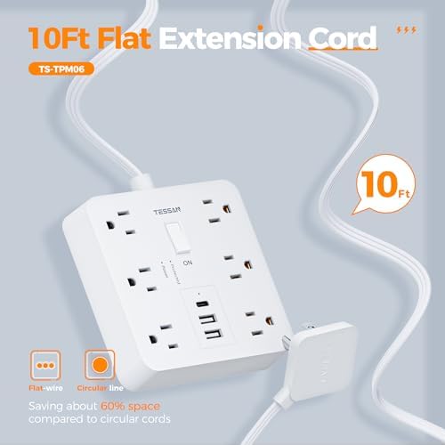 TESSAN 6-Outlet Black Surge Protector Power Strip with 3 USB Ports (1 USB-C) – 5 FT Flat Plug Extension Cord, 1700 Joules Surge Protection for Safe Charging in Home, Office & College Dorm – Compact and Versatile Multi-Device Charging Station